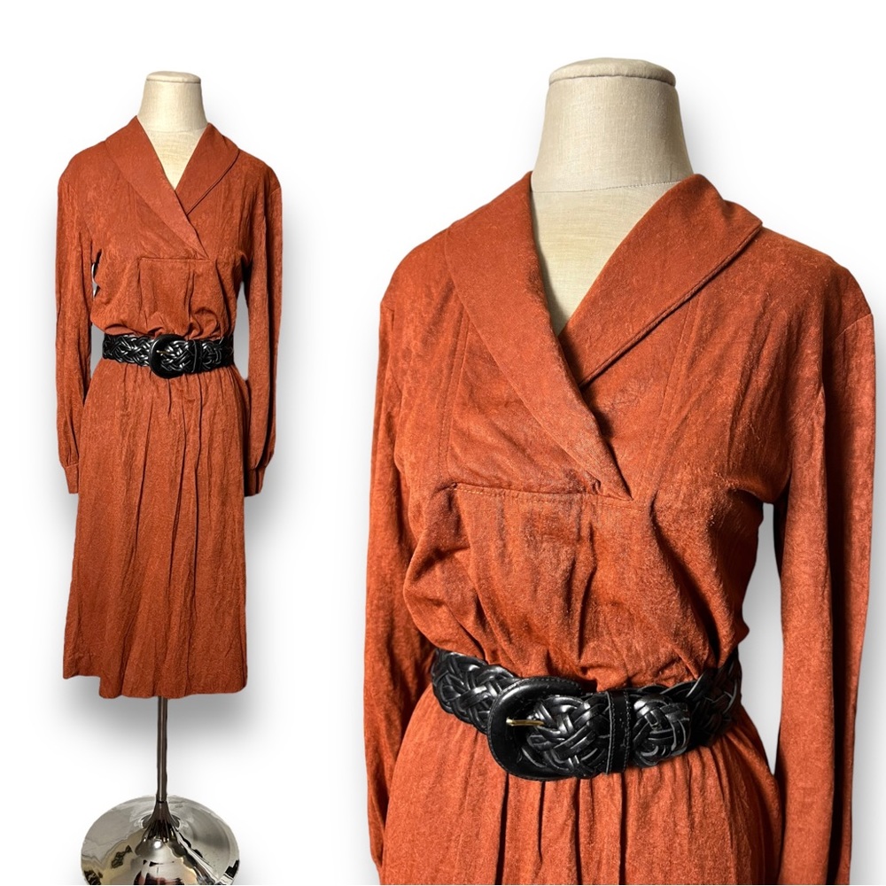 70s Vintage Textured A-Line Long Sleeve Midi Dress Orange Brown Autumn Fall